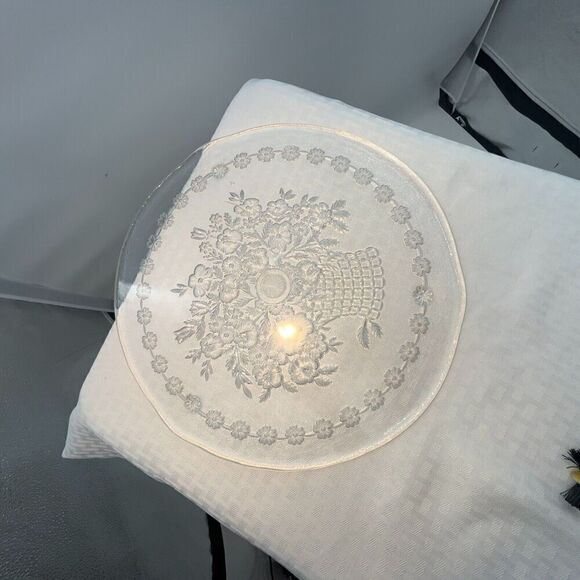 Glass Etched Flower Basket Serving Cake Tray - Picture 3 of 10